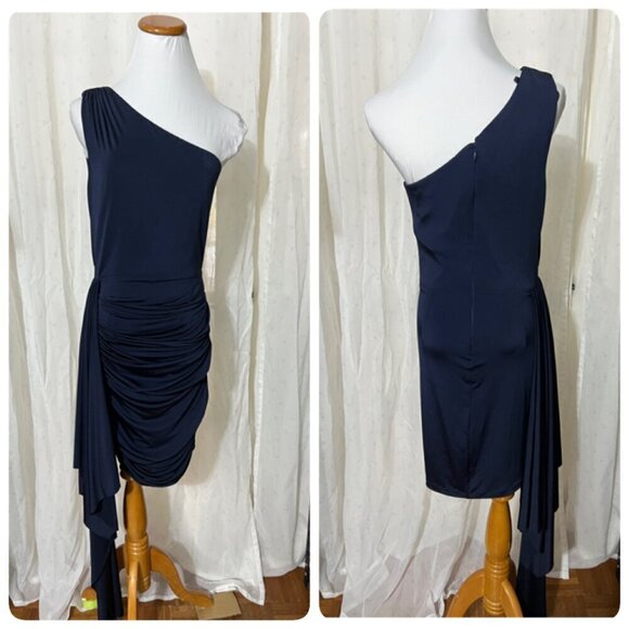 Xscape Women's One-Shoulder Draped Mini Dress Sz 12 in Navy - Picture 2 of 11